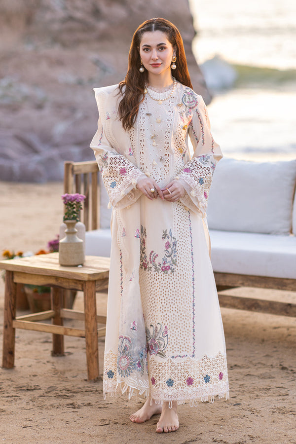 WHITE 3PC LAWN EMBROIDERED SHIRT WITH ORGANZA CUTWORK EMBROIDERED DUPATTA AND TROUSER 455