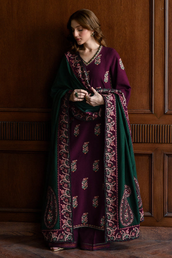 '-3PC DHANAKEMBROIDERED SHIRT WITH LawnEMBROIDERED SHAWL AND TROUSER- 678