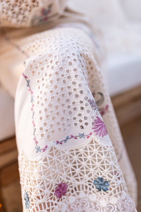 WHITE 3PC LAWN EMBROIDERED SHIRT WITH ORGANZA CUTWORK EMBROIDERED DUPATTA AND TROUSER 455