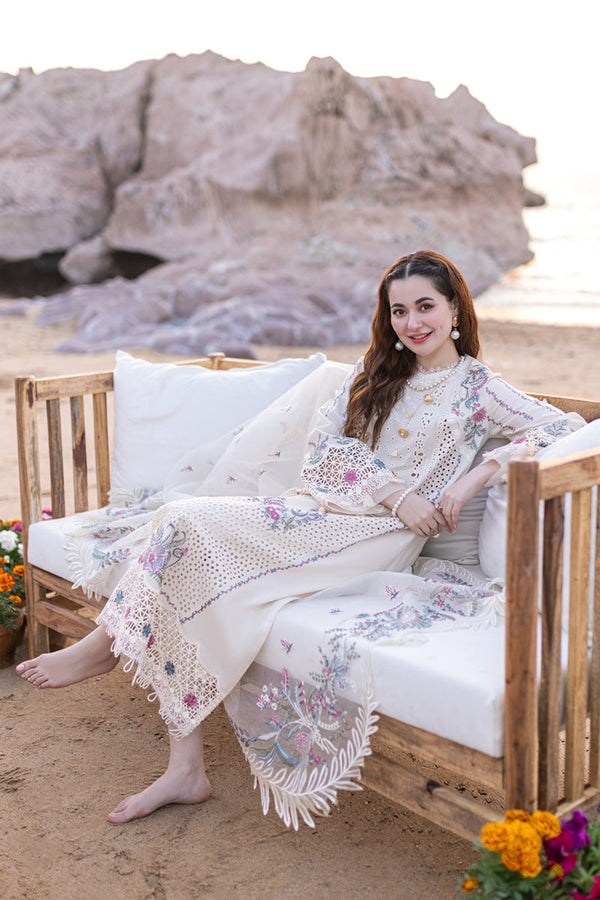WHITE 3PC LAWN EMBROIDERED SHIRT WITH ORGANZA CUTWORK EMBROIDERED DUPATTA AND TROUSER 455