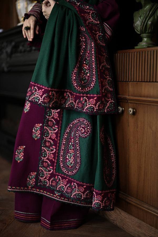 '-3PC DHANAKEMBROIDERED SHIRT WITH LawnEMBROIDERED SHAWL AND TROUSER- 678